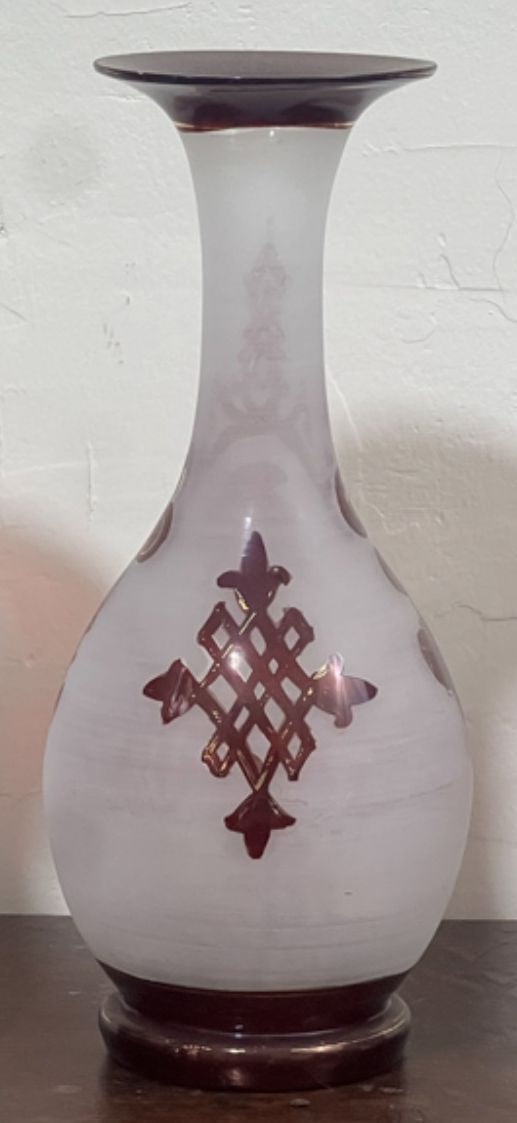 250907-1F Antique Bohemian Ruby Red Frosted Vase, 8.5"H