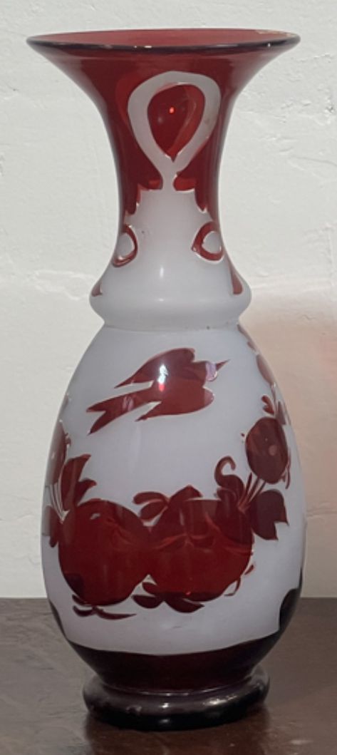 250907-1G Antique Bohemian Ruby Rudy Frosted Vase, 8"H