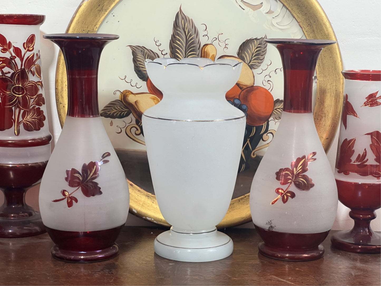 250907-1B Pair Antique Bohemian Ruby Frosted Vases, 9.75"H