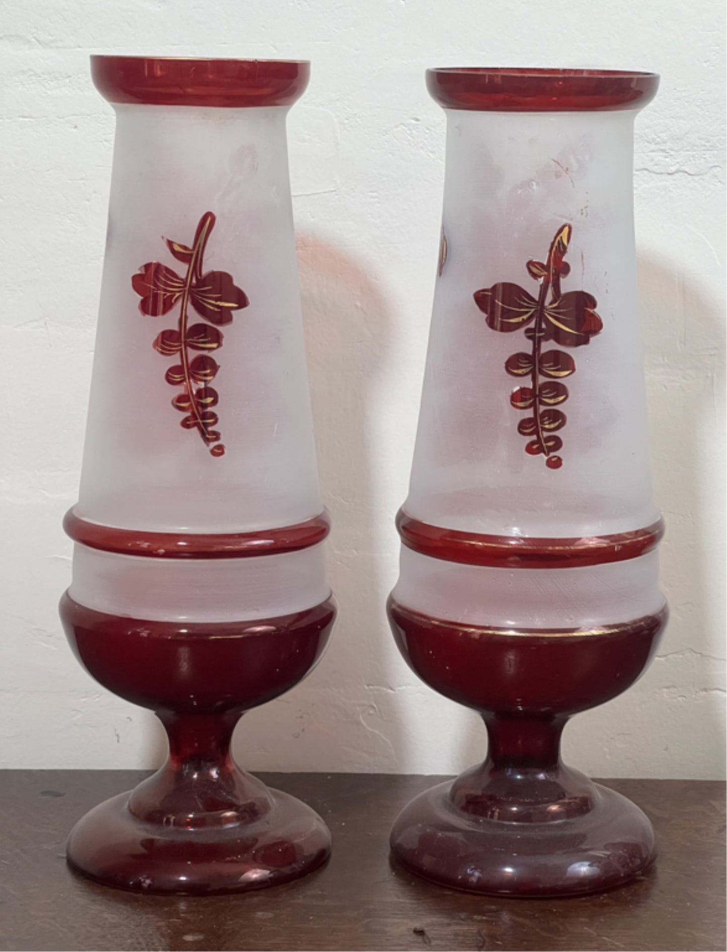 250907-1A Pair Antique Bohemian Frosted Ruby Red Vases, 10-5/8"H
