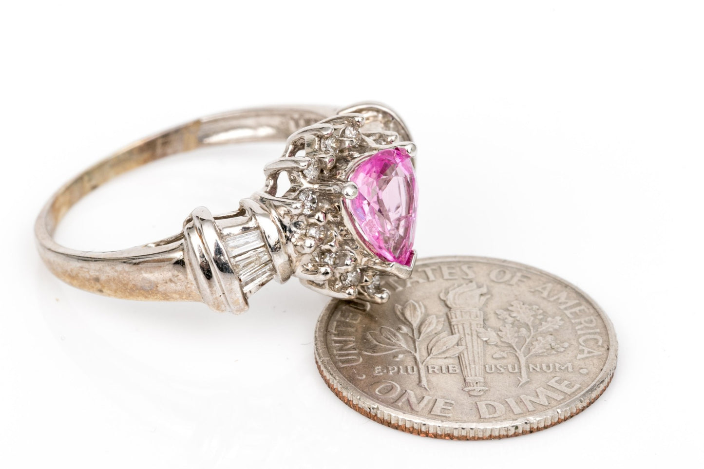 Size 8.25 14K Pink Sapphire & Diamond Halo Cluster Ring