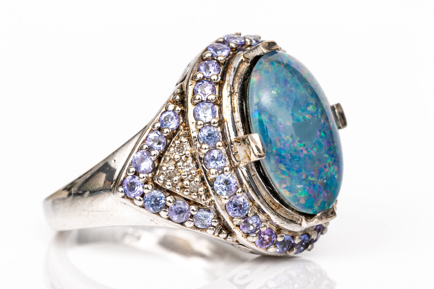 SZ 7 Sterling & Opal & CZs Ring