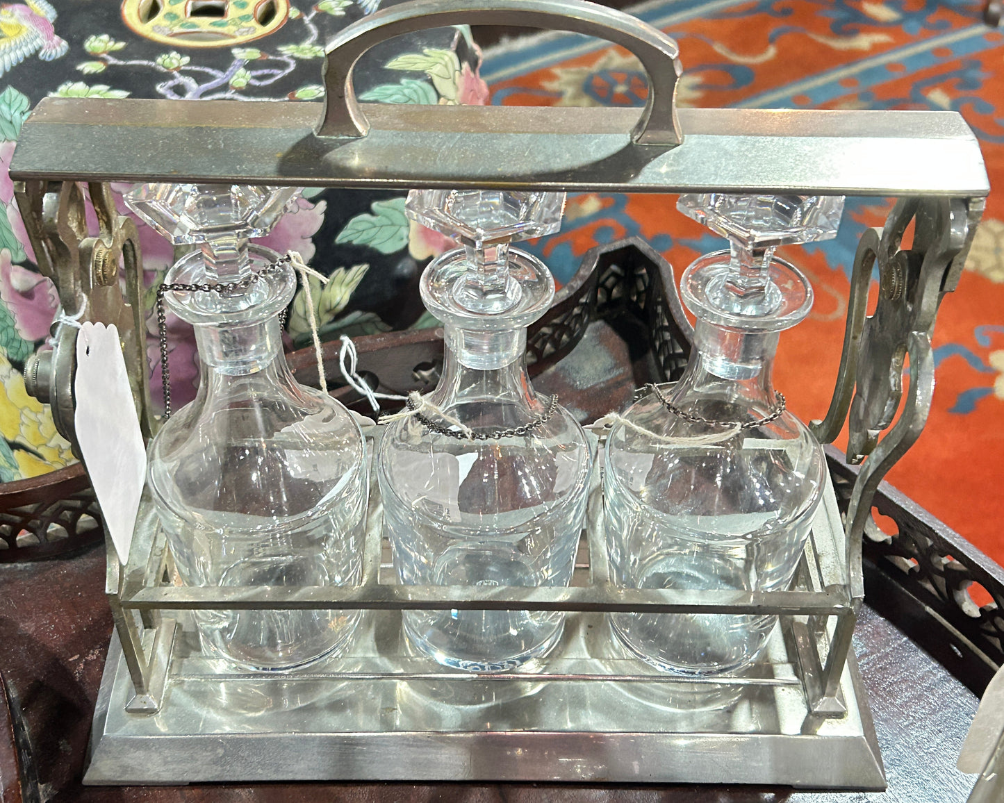220202-3 Antique Tantalus With 3-Baccarat Crystal Decanters