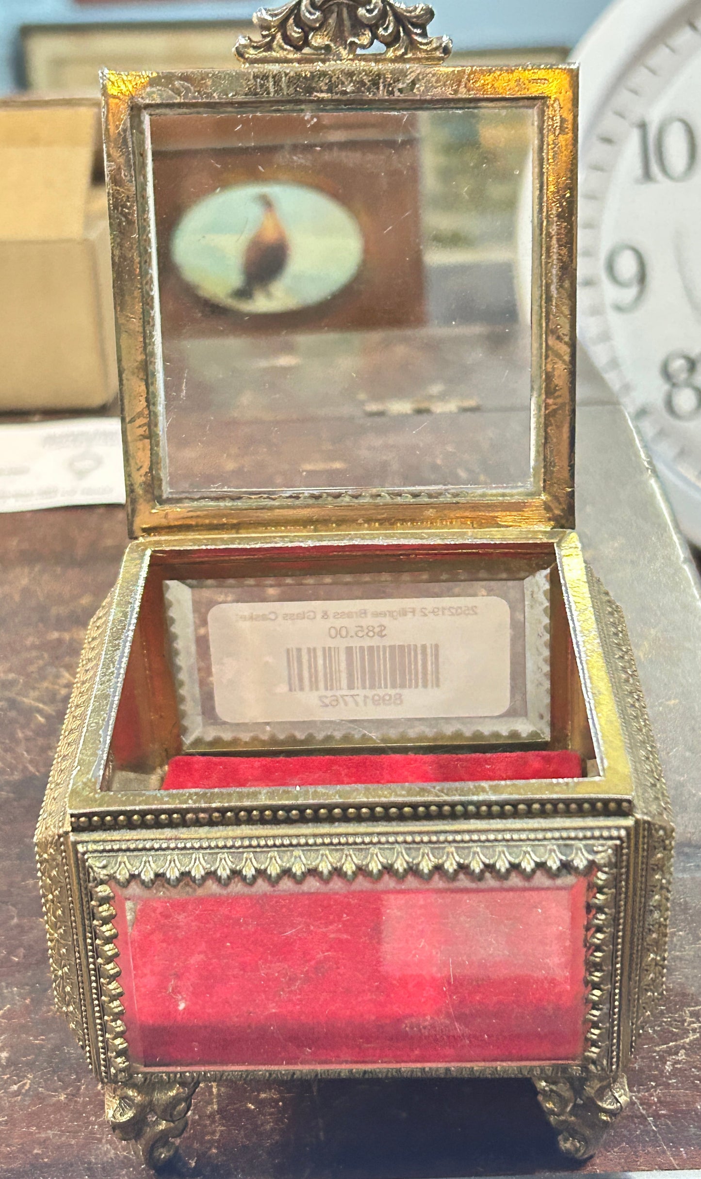 250219-2 Filigree French Brass & Beveled Glass Footed Jewelry Casket