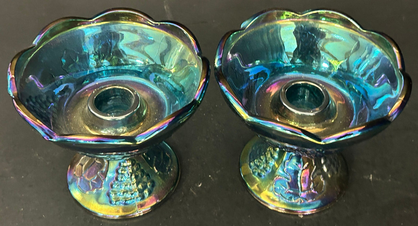 250716-10 Pair Blue Indiana Carnival Glass Candlestick Holders, 4.5" Diam. X 4"H