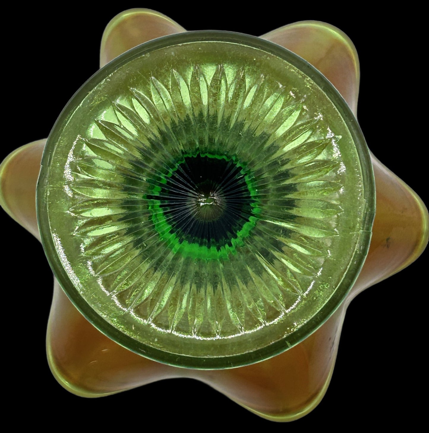 250716-25A Northwood Graceful Green & Marigold Carnival Glass Compote