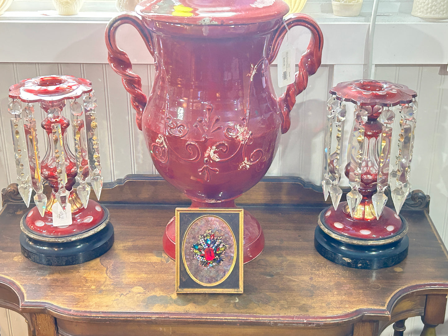 Pair Antique Red Cut to Clear Luster Candlelights