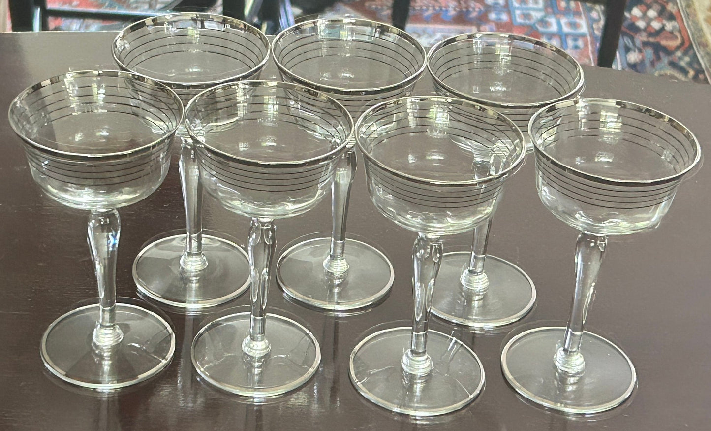 250814-9 7pcs Art Deco Platinum Ringed Champagne Coupes