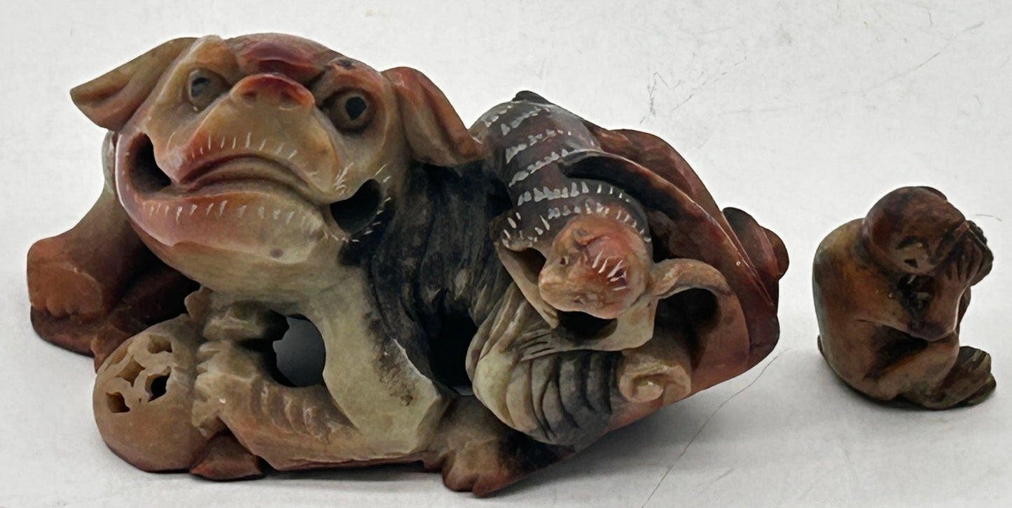 280806-14 Chinese Carved Soapstone Dog & Monkey