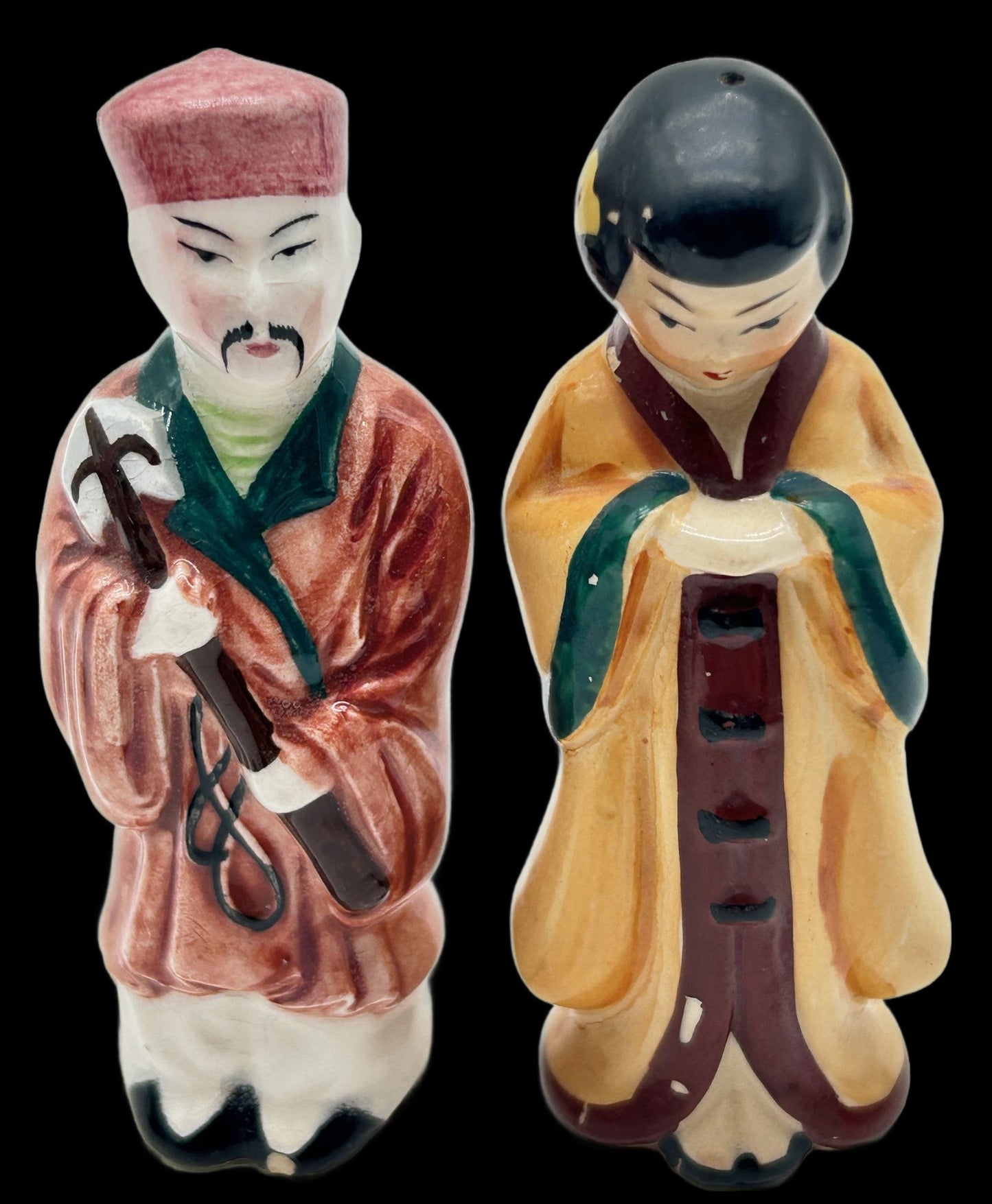 250806-16B Vintage Chinese Themed Salt & Pepper Shakers