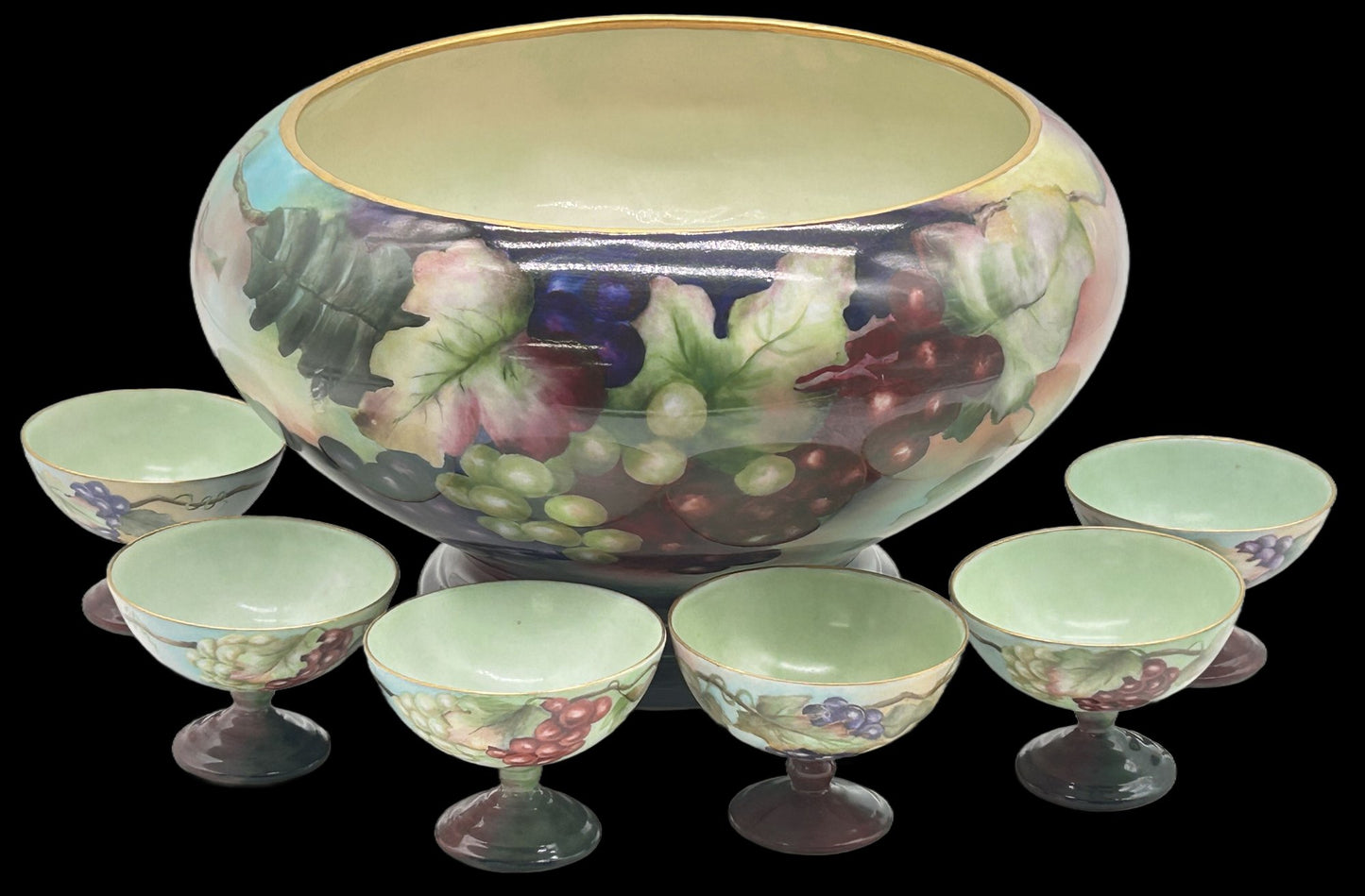 250219-11 7pc Limoges France Punch Bowl and Footed Cups