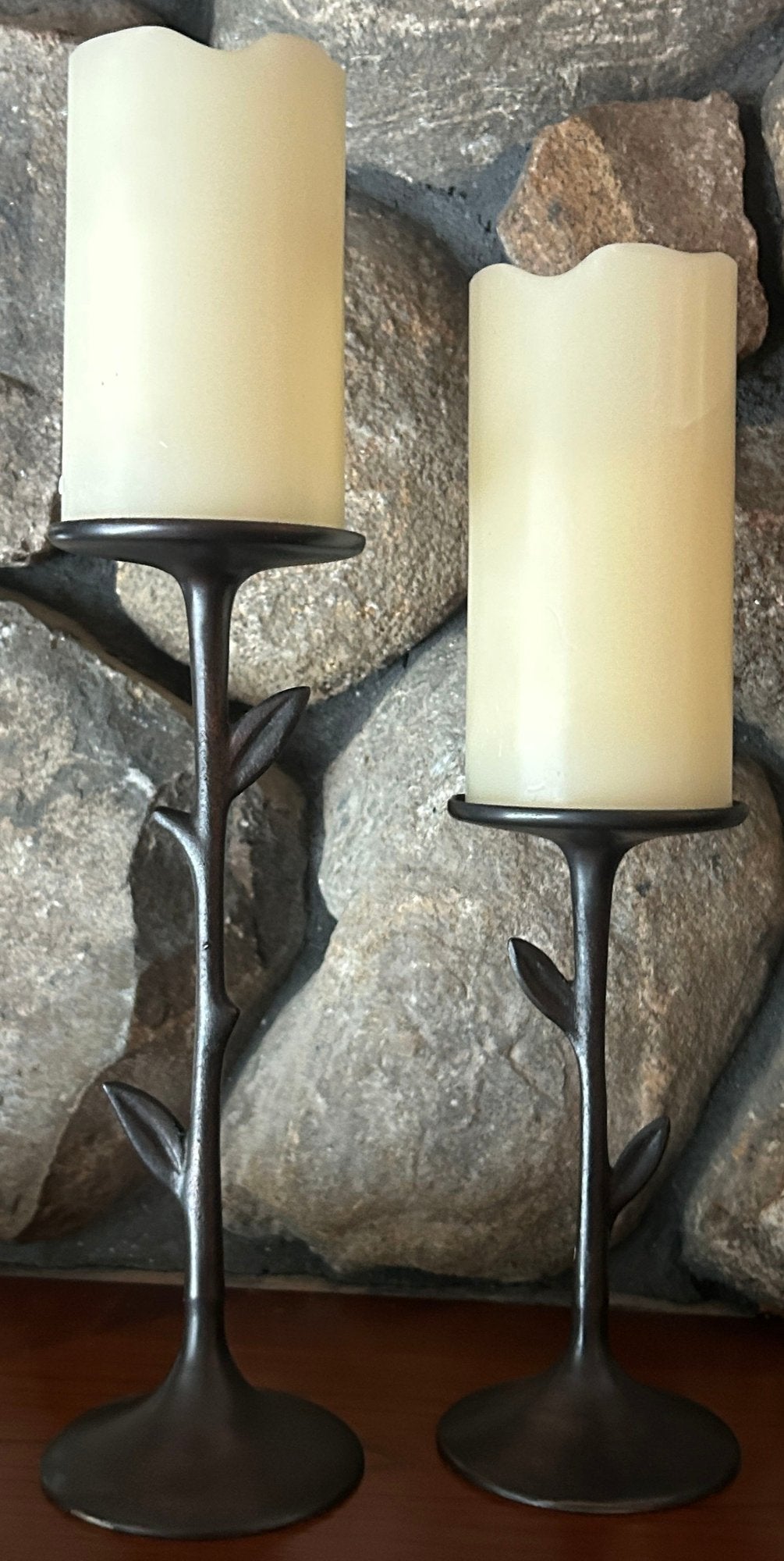 260618-2A Pair Metal Leaf & Stem Form Column Candle Holders