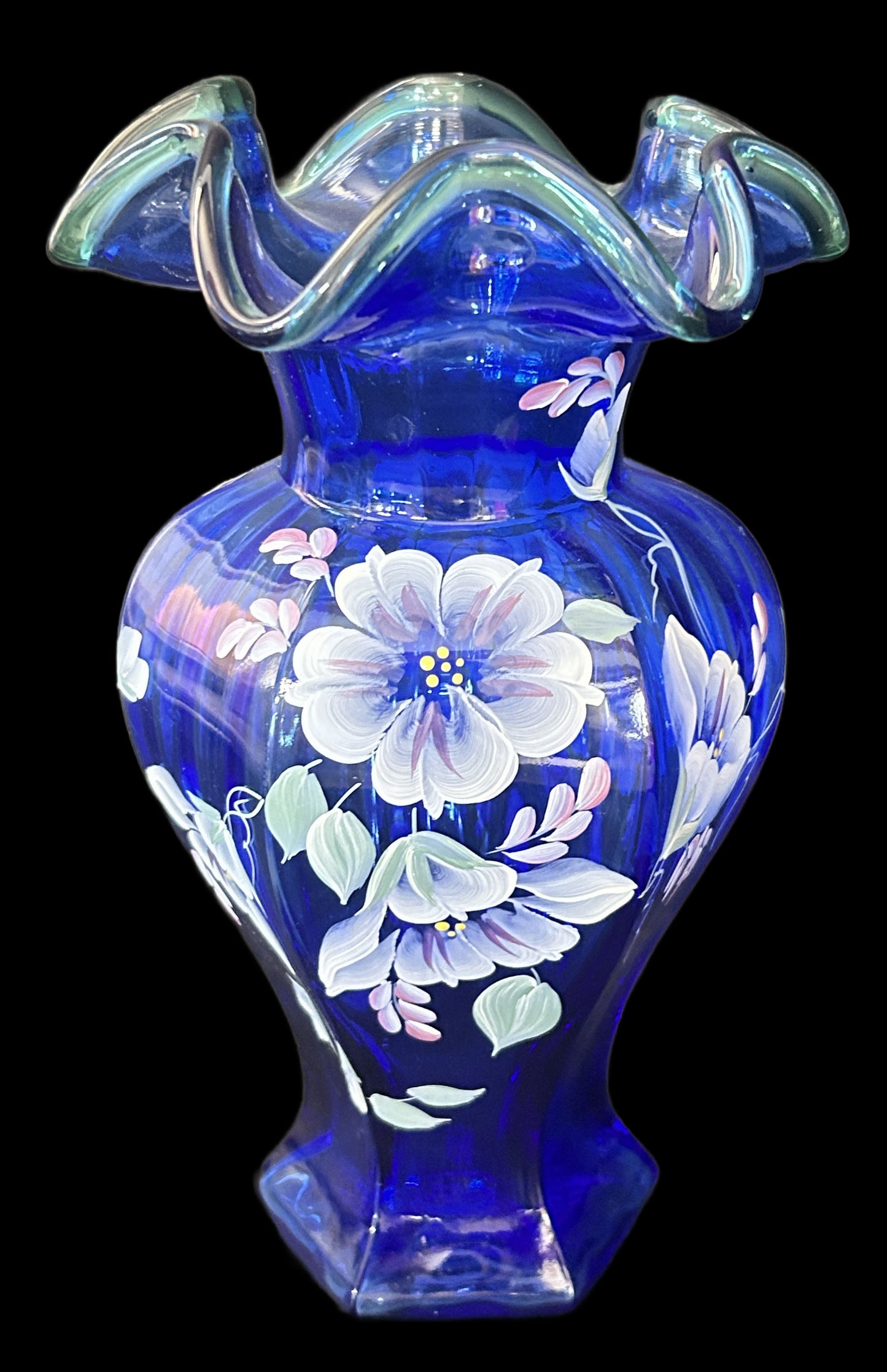 250305-6 Fenton 75th Anniversary Enameled Cobalt Vase