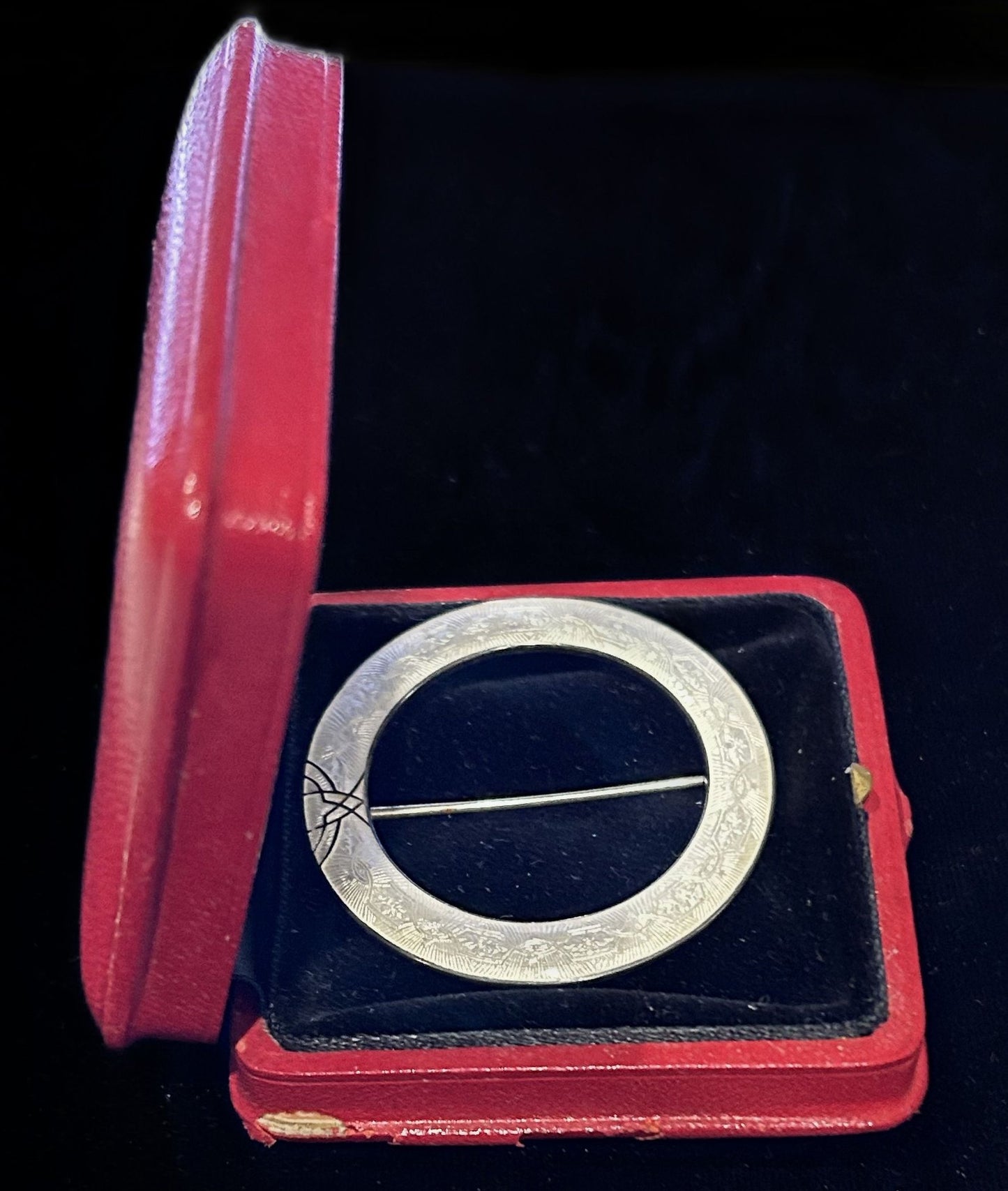 Sterling Art Deco Guilloche 2" Diam. Circle Brooch In Presentation Case