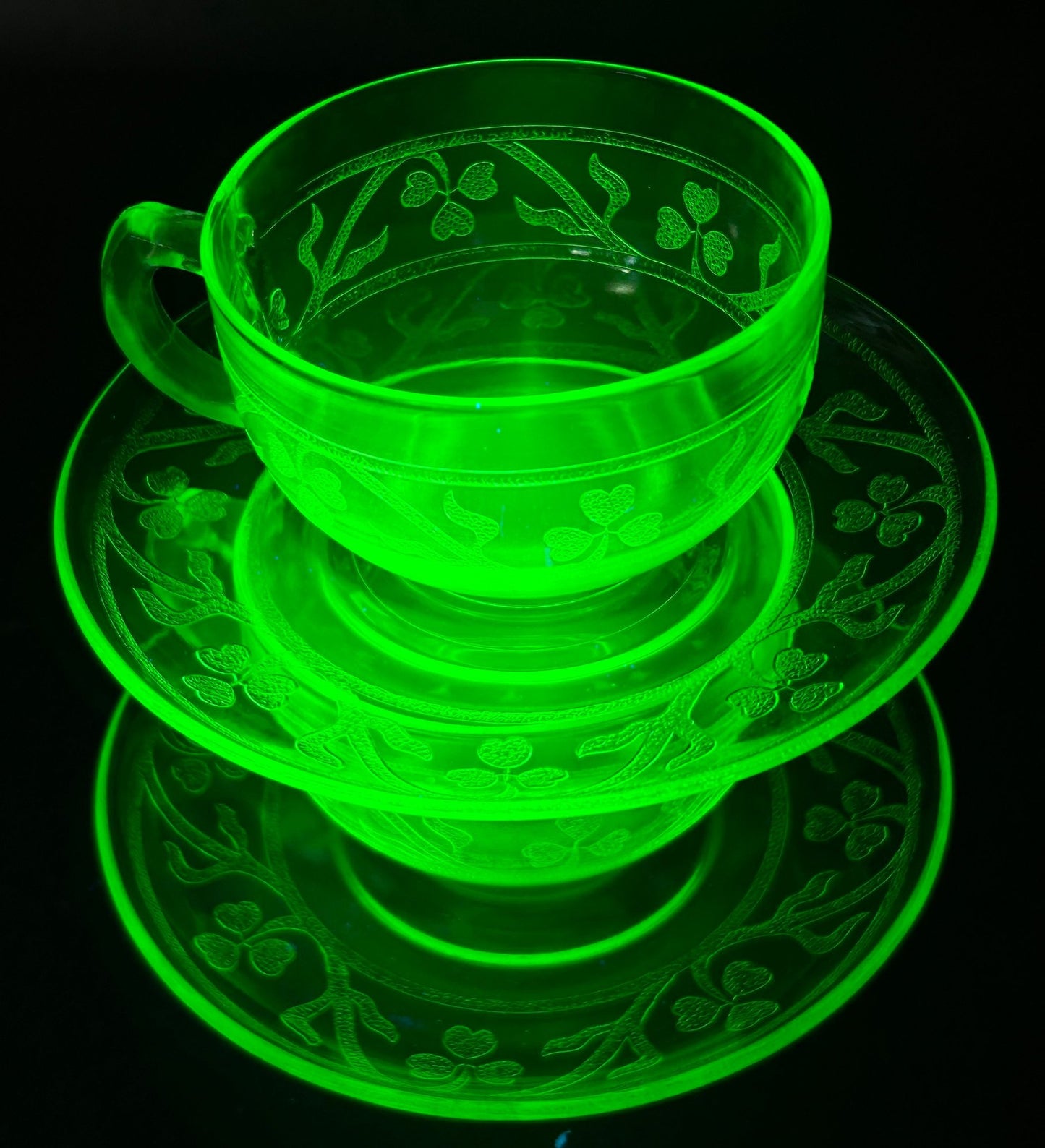 251210-13 Hazel Atlas Cloverleaf Uranium Glass Cup & Saucer