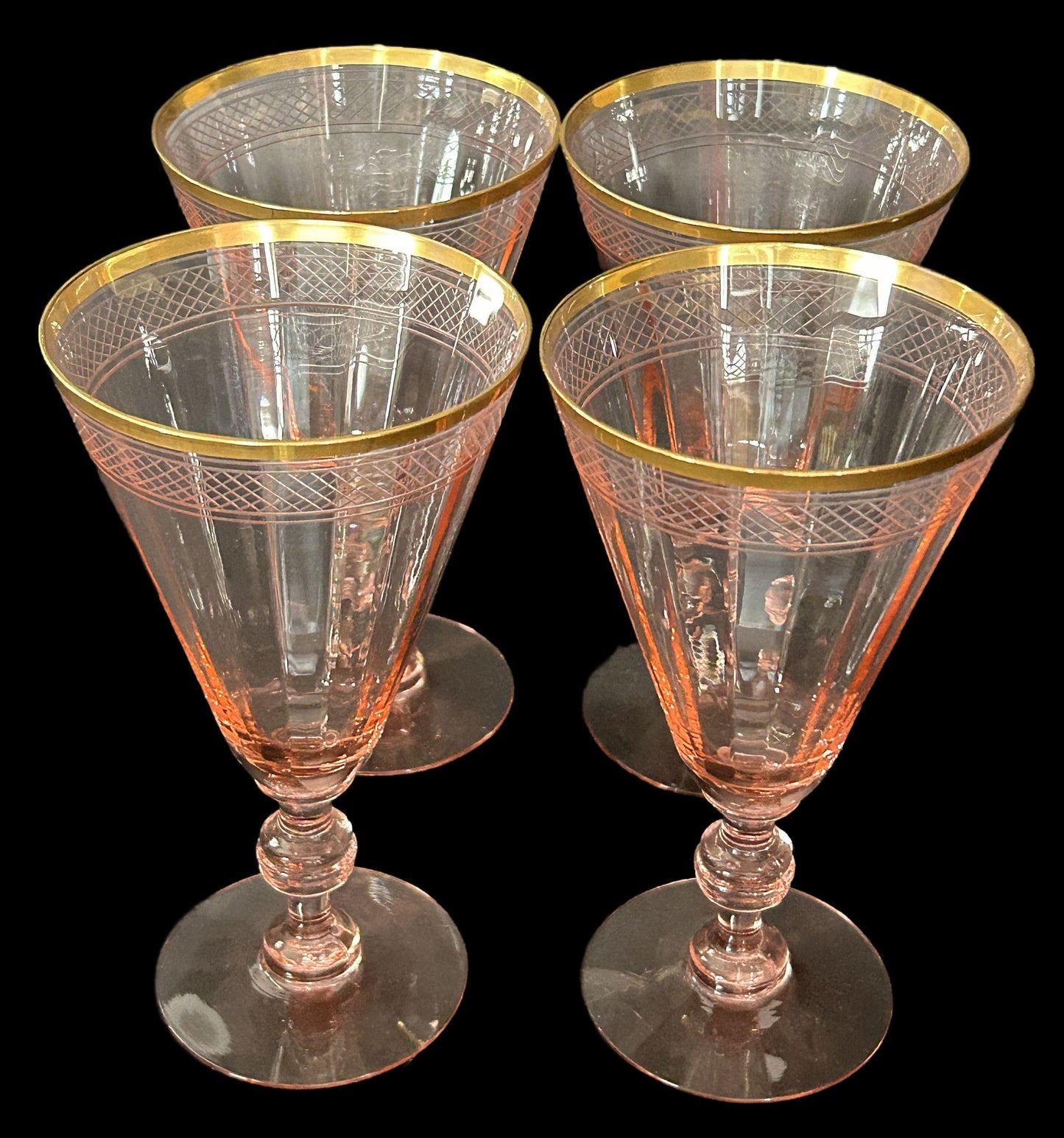 260708-24 Set of 4 Pink & Gold Depression Glass Goblets