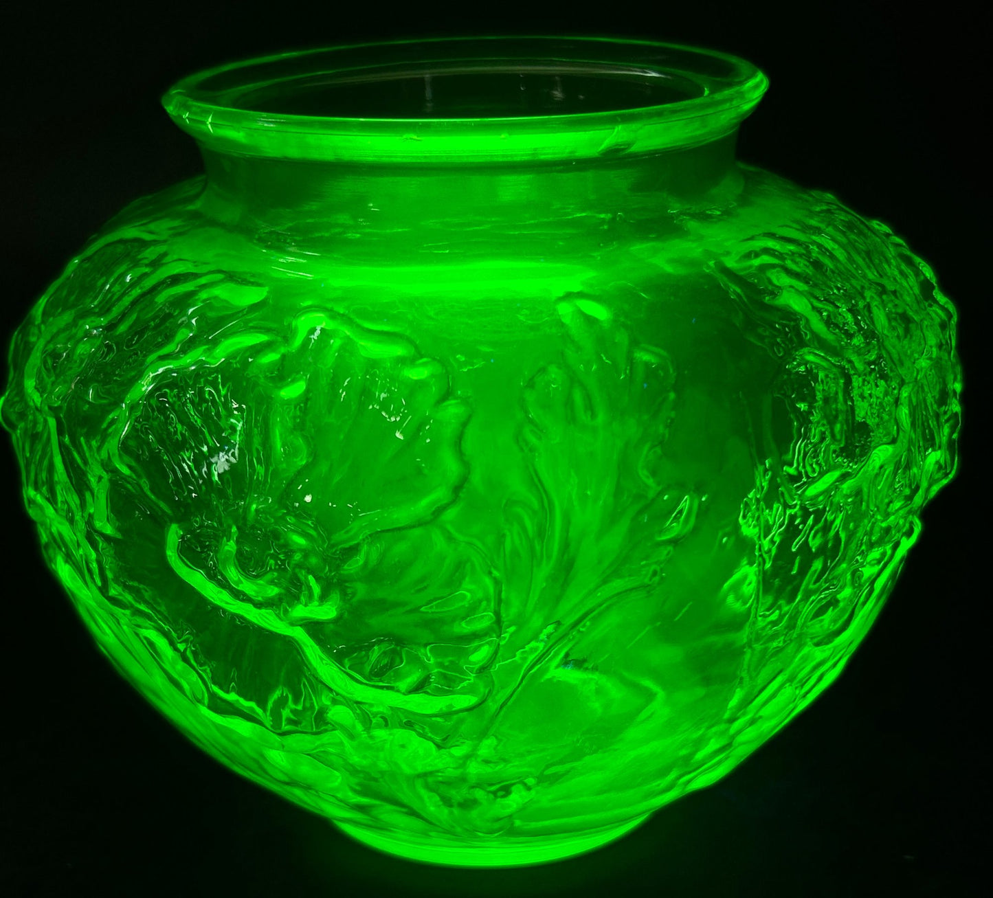 260408-19 Tiffin Green Uranium Glass Poppy Embossed Vase