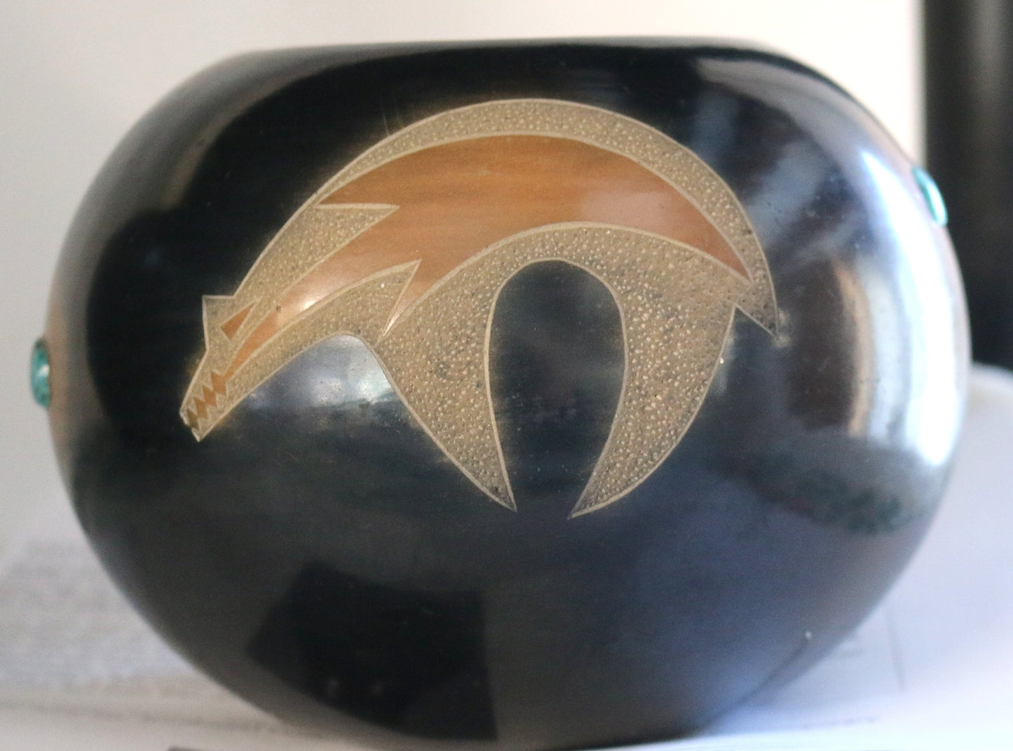 250326-3 Master Potter Dora Tse-Pe - Black And Sienna Bowl With Bear & Four Turquiose Insets - 4.5" High X 6" Wide
