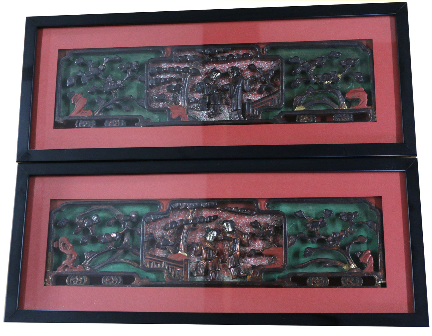 250423-1 Antique Pair Chinese Framed Carved & Gilded Wooden Panels