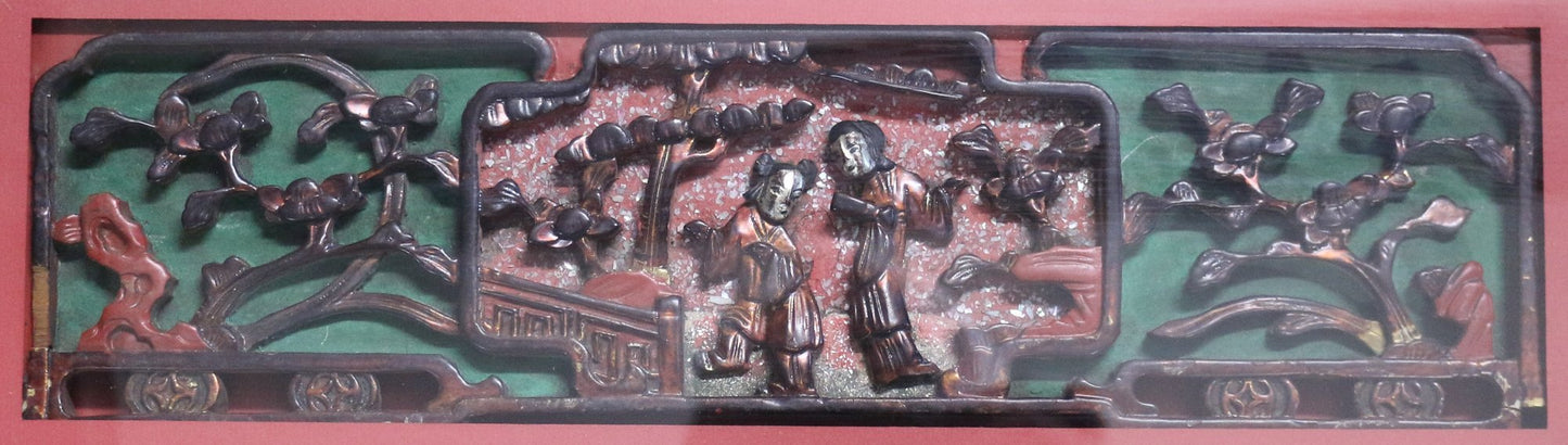 250423-1 Antique Pair Chinese Framed Carved & Gilded Wooden Panels