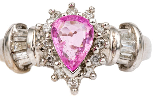 Size 8.25 14K Pink Sapphire & Diamond Halo Cluster Ring
