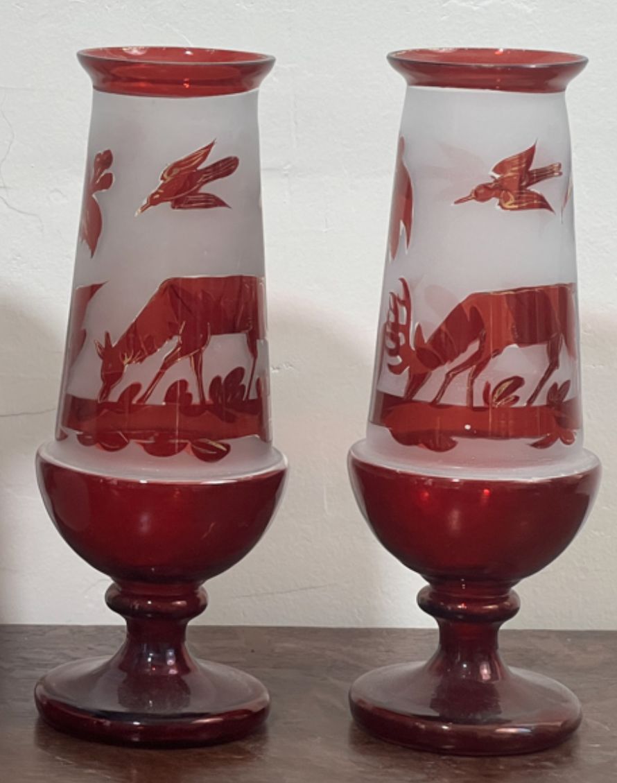 250907-1C Pair Antique Bohemian Ruby Red Frosted Vases, 8.25"H