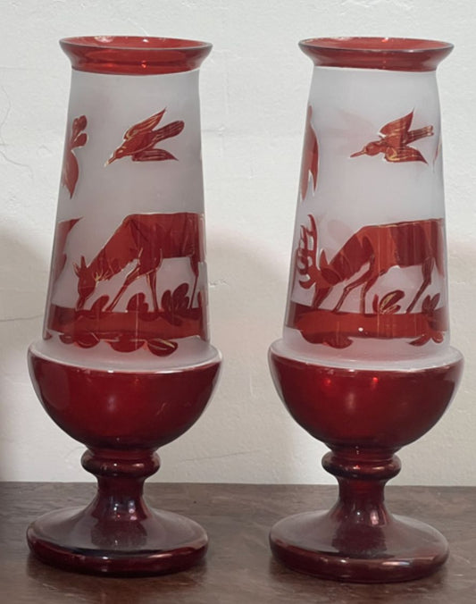 250907-1C Pair Antique Bohemian Ruby Red Frosted Vases, 8.25"H