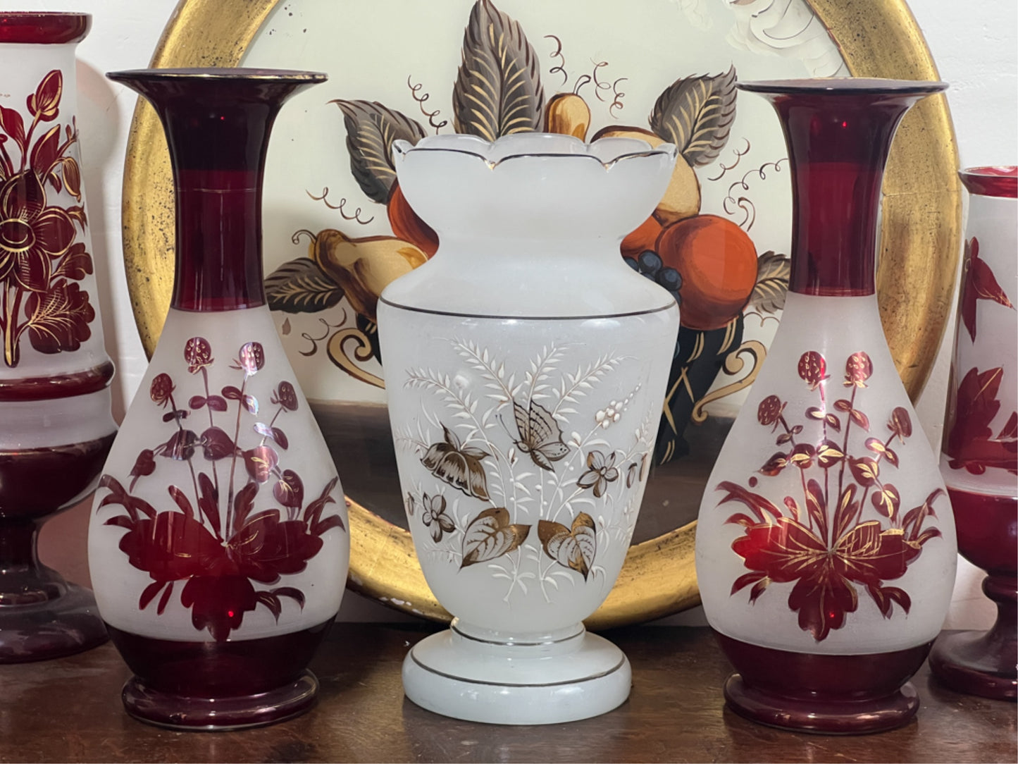 250907-1B Pair Antique Bohemian Ruby Frosted Vases, 9.75"H