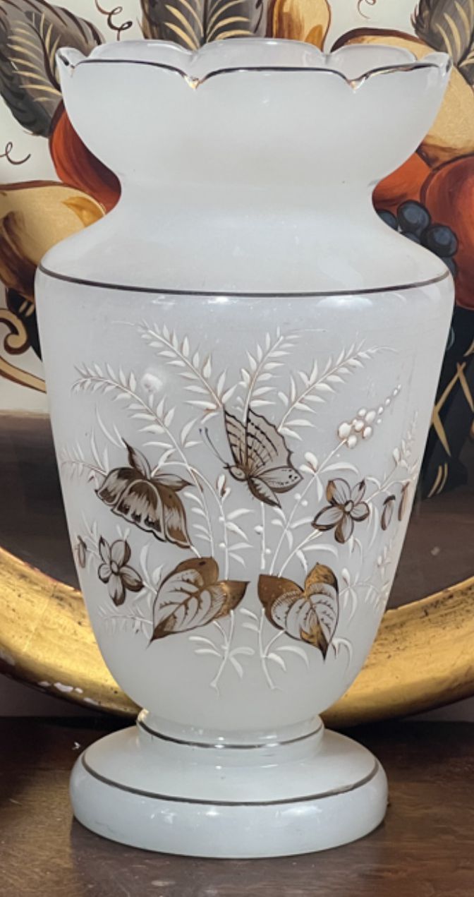 250907-1E Antique Frosted Bristol Glass Vase With Butterfly Design
