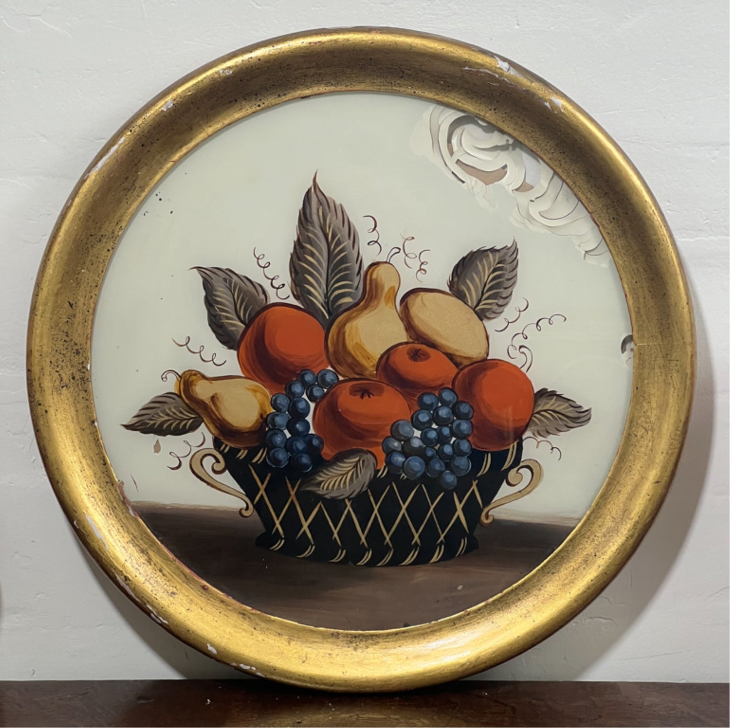 250907-1D Antique RD Framed Reverse Painted Basket of Fruit