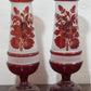 250907-1A Pair Antique Bohemian Frosted Ruby Red Vases, 10-5/8"H
