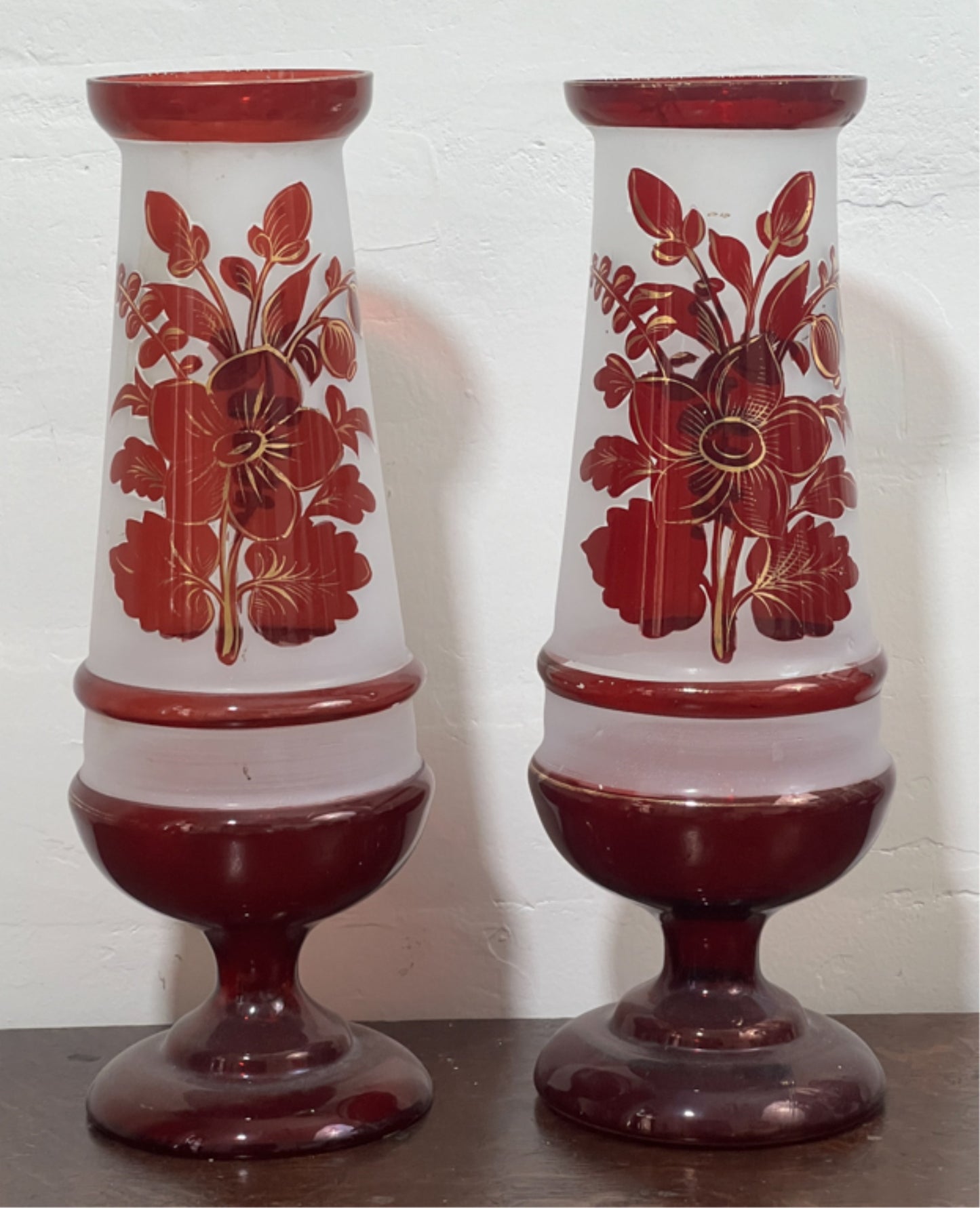250907-1A Pair Antique Bohemian Frosted Ruby Red Vases, 10-5/8"H