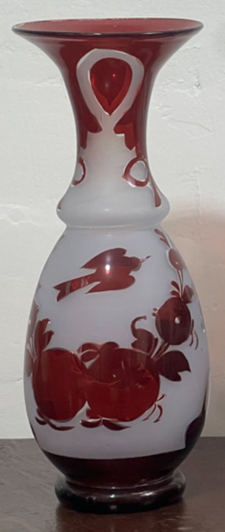 250907-1G Antique Bohemian Ruby Rudy Frosted Vase, 8"H