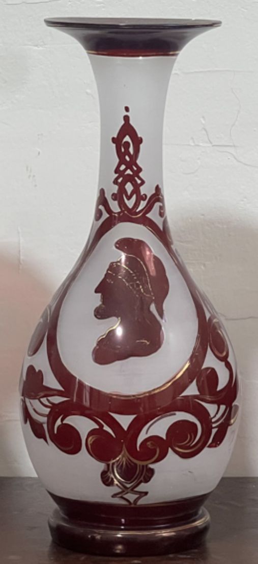 250907-1F Antique Bohemian Ruby Red Frosted Vase, 8.5"H