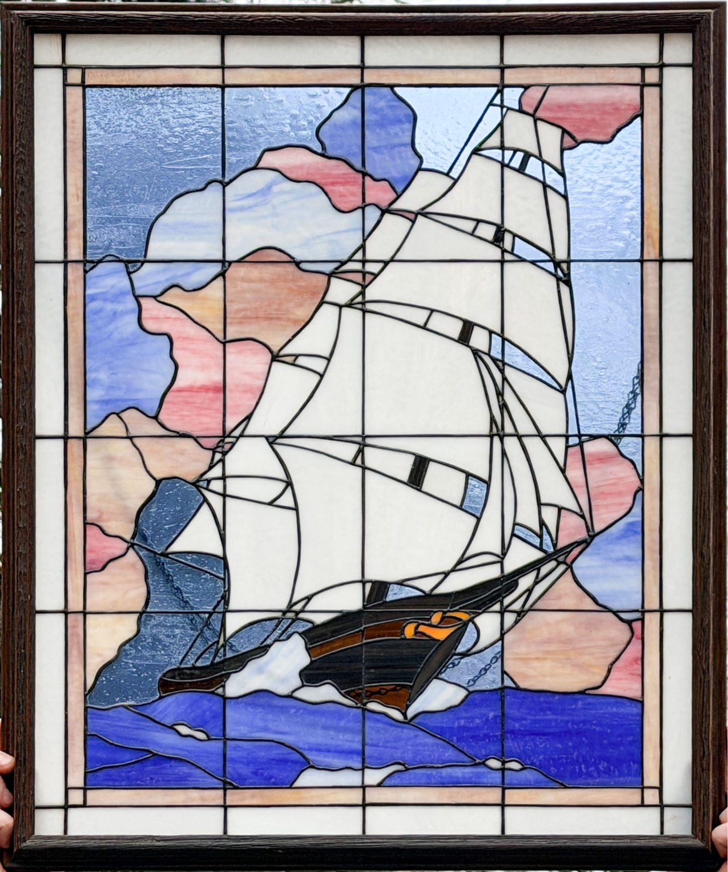 260415-2 Framed Stained Glass Clipper Ship, ca1977