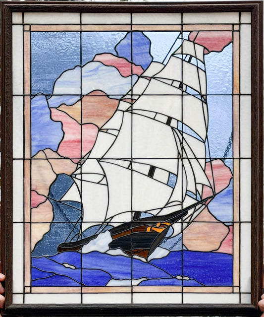 260415-2 Framed Stained Glass Clipper Ship, ca1977