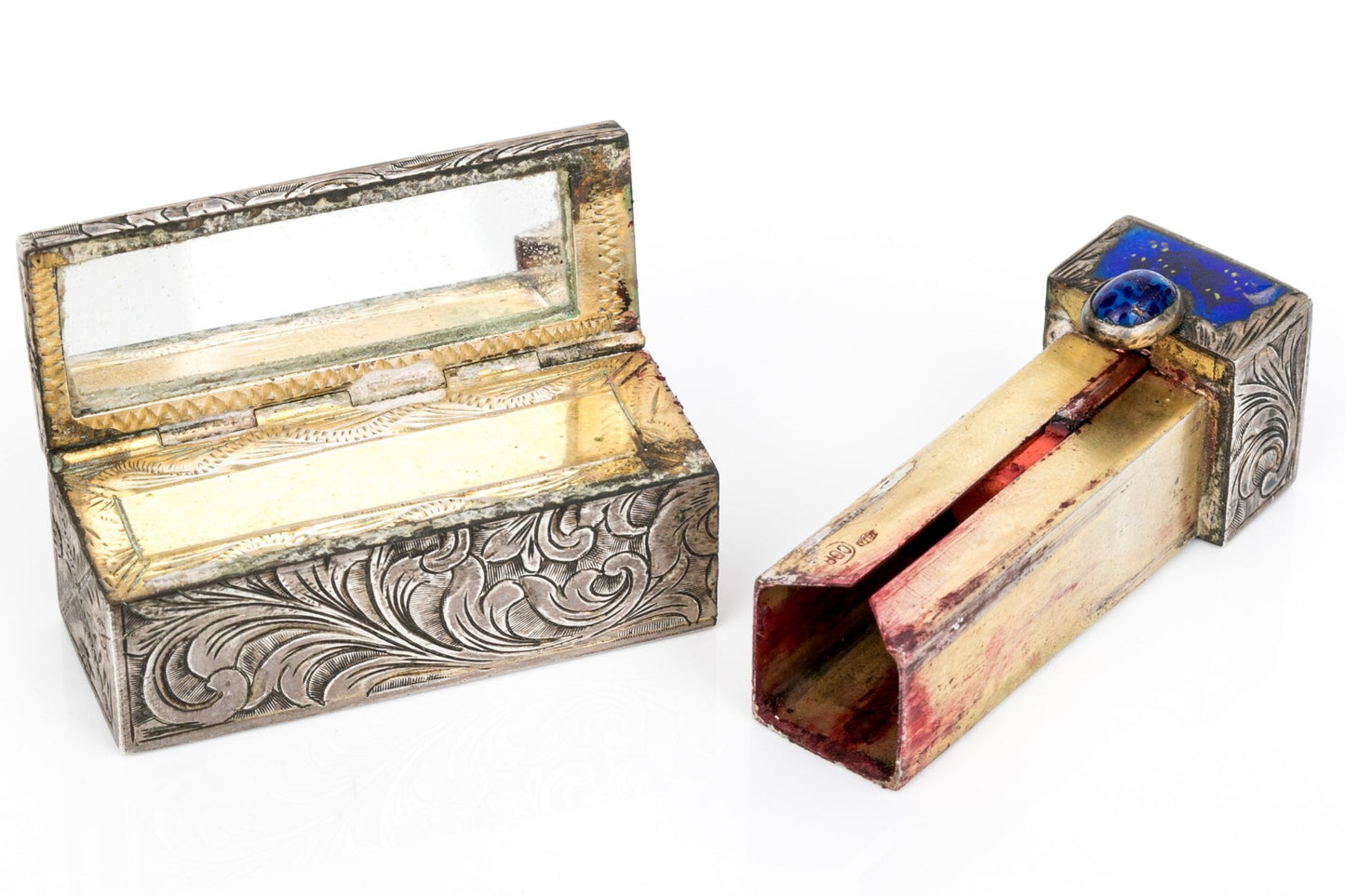250204-3B Italian 800 Silver Enameled Lipstick Case & Mirror