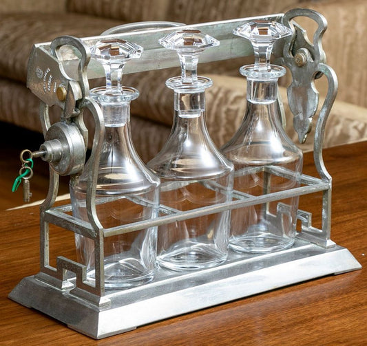220202-3 Antique Tantalus With 3-Baccarat Crystal Decanters
