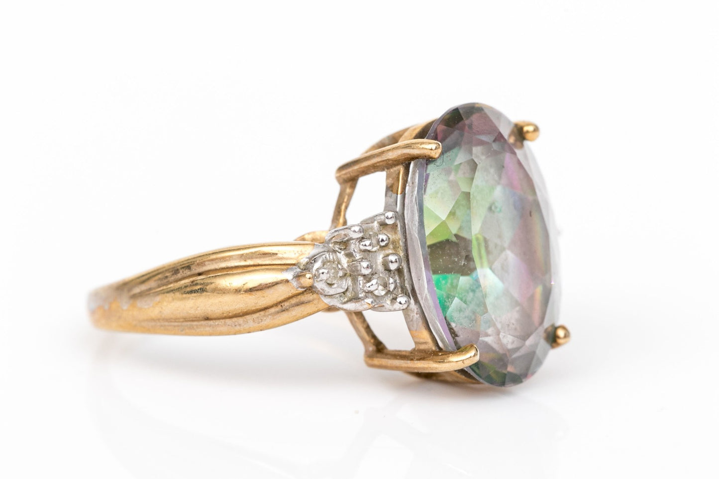Size 7 10K Yellow Gold Mystic Topaz & Diamond Ring