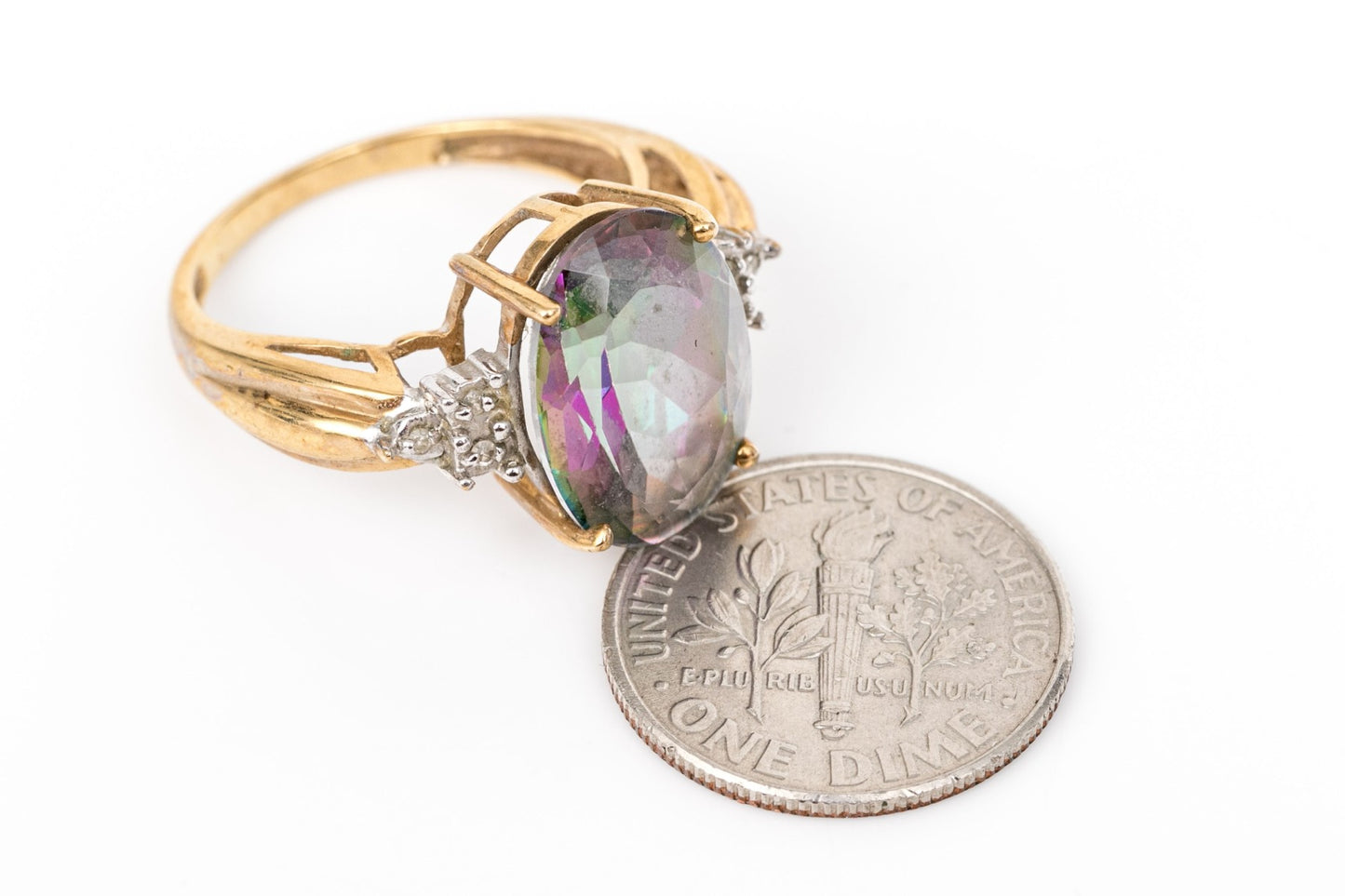 Size 7 10K Yellow Gold Mystic Topaz & Diamond Ring