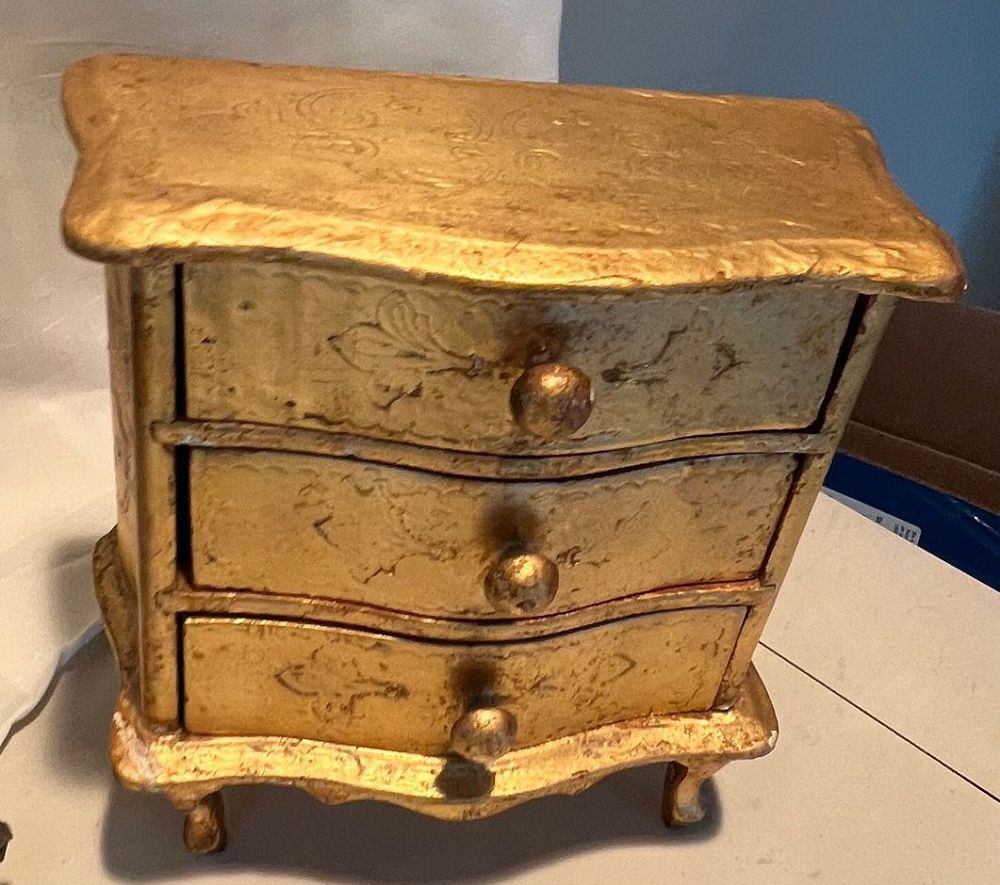 230330-6B Small 3-Drawer Italian-Style Embossed Gilt Jewelry Chest