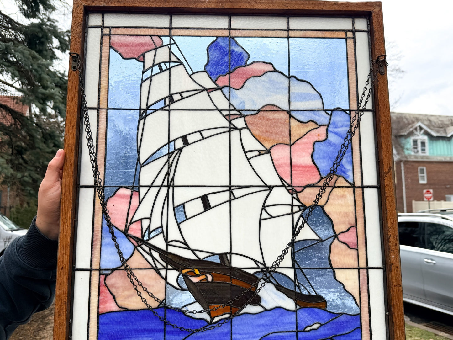 260415-2 Framed Stained Glass Clipper Ship, ca1977