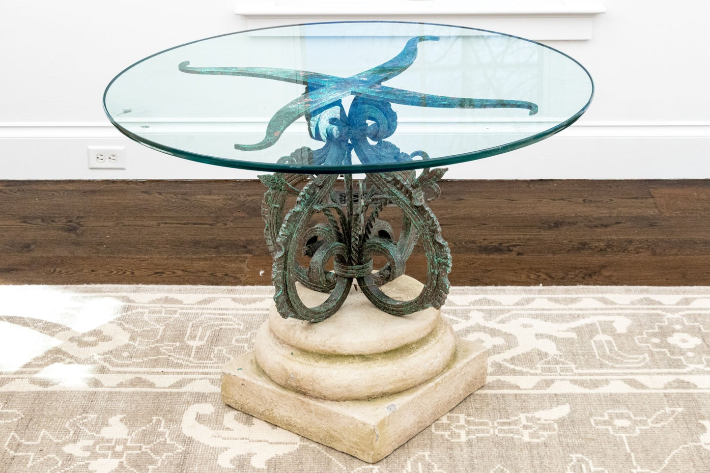 250409-2 Cast Stone Pedestal Glass Top Table