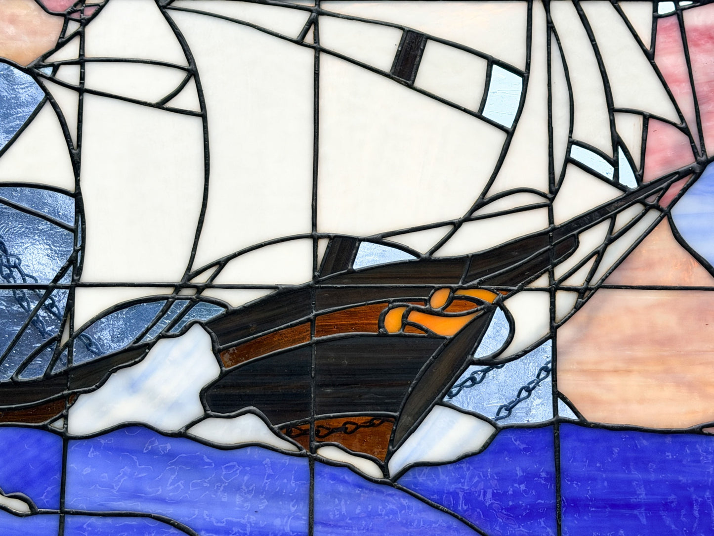 260415-2 Framed Stained Glass Clipper Ship, ca1977