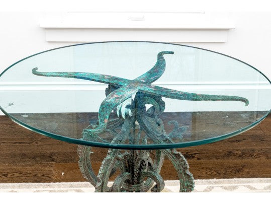 250409-2 Cast Stone Pedestal Glass Top Table