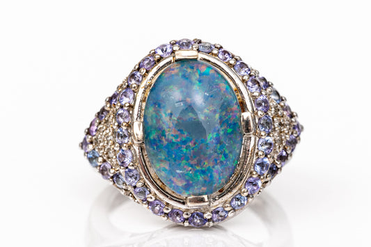 SZ 7 Sterling & Opal & CZs Ring