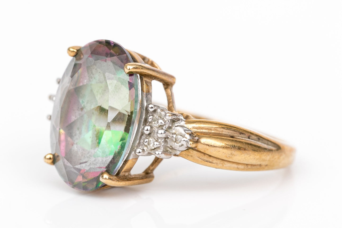 Size 7 10K Yellow Gold Mystic Topaz & Diamond Ring