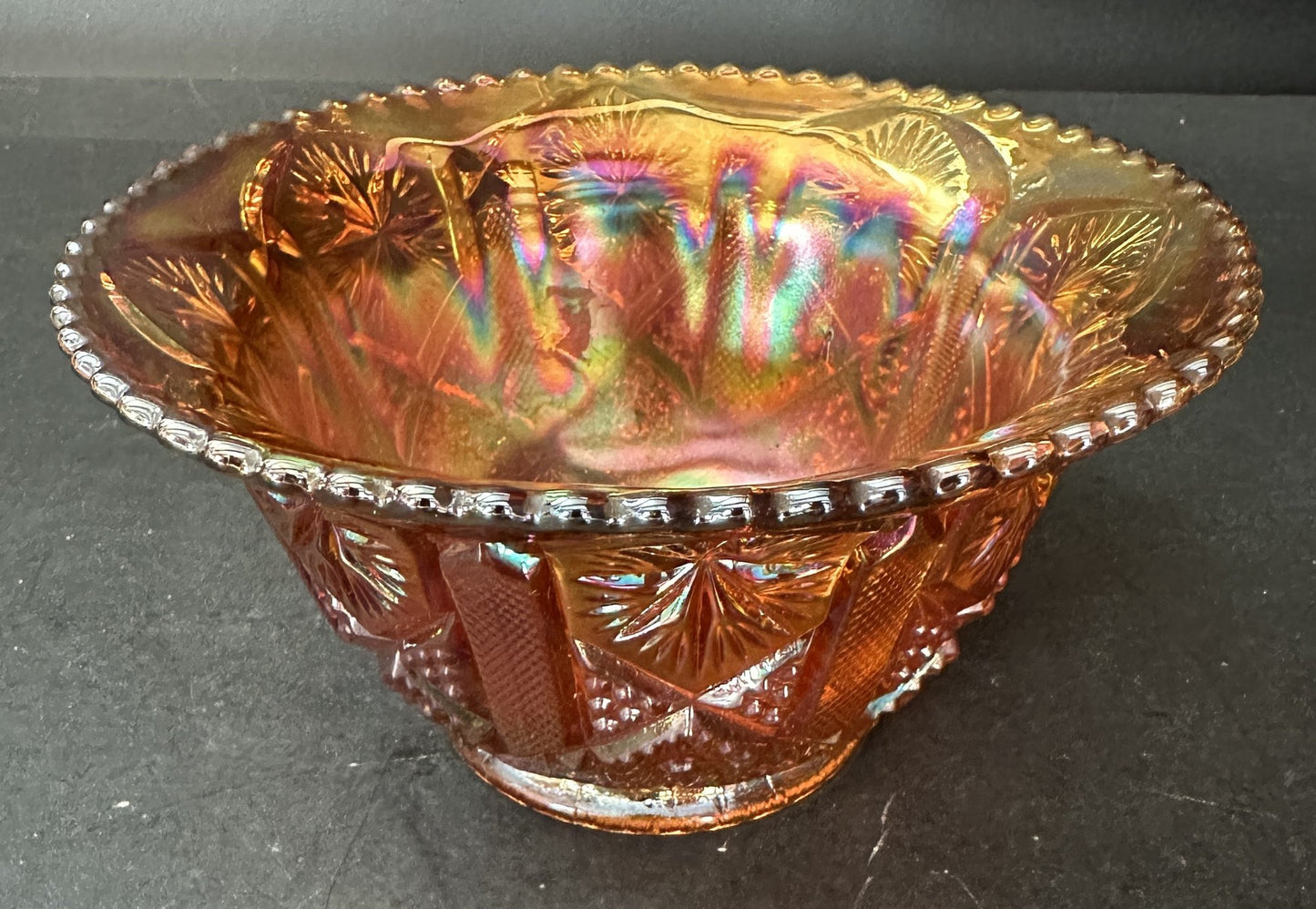 260107-8 Orange Star & Fire Imperial Carnival Glass Bowl