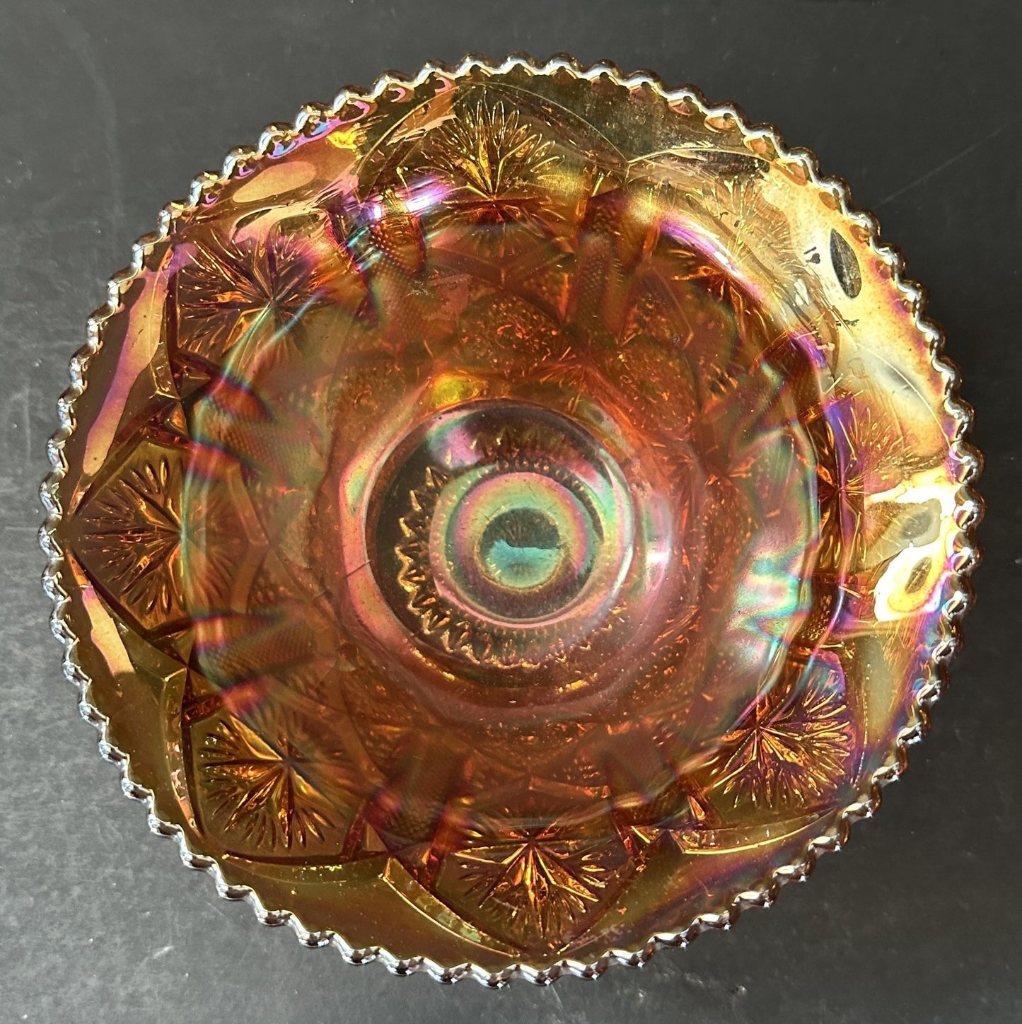 260107-8 Orange Star & Fire Imperial Carnival Glass Bowl