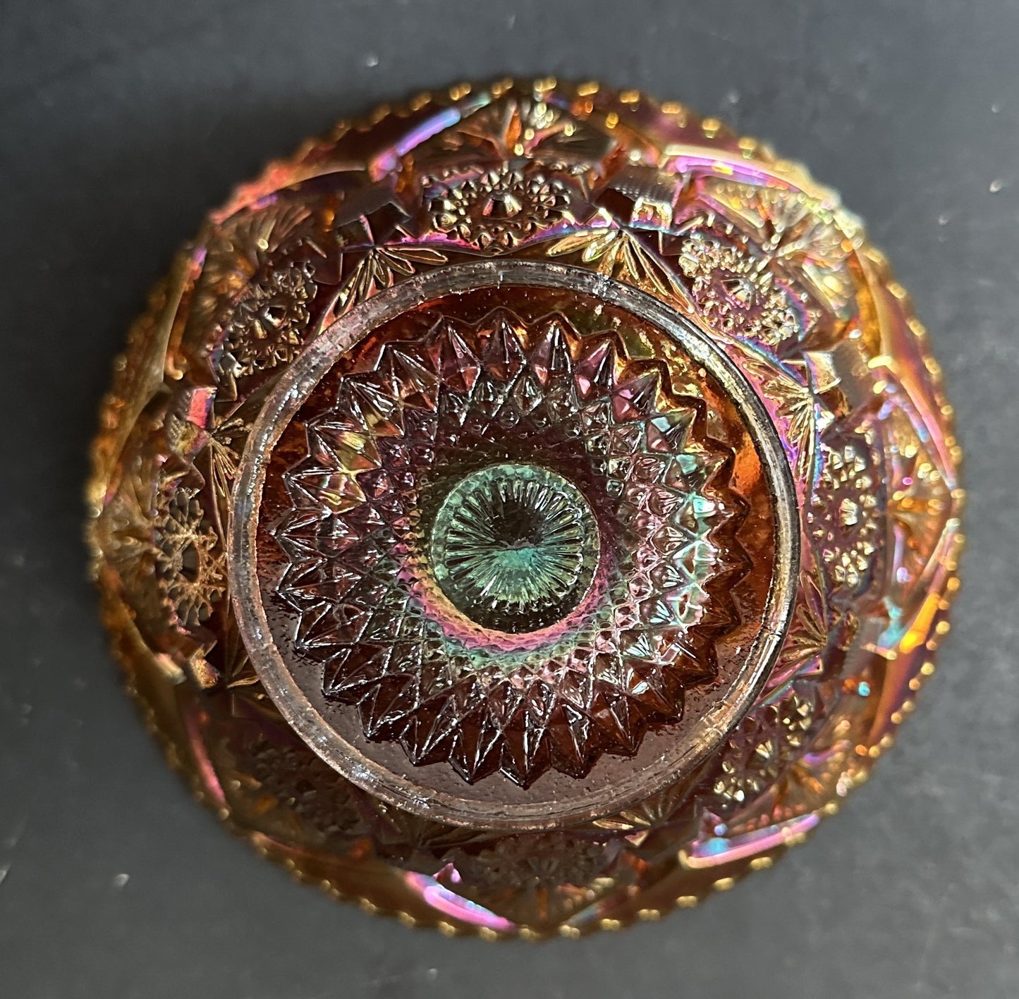 260107-8 Orange Star & Fire Imperial Carnival Glass Bowl